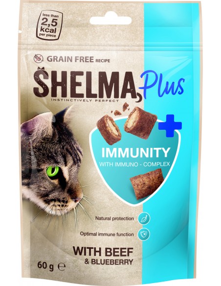 12x Chrupiące smakołyki dla kota, poduszeczki z wołowiną i borówkami Shelma 60g 8595606409712 2