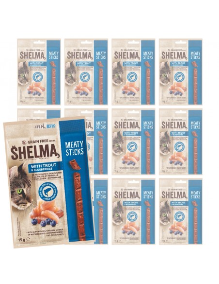 12x Smaczki dla kota  z pstrągiem i borówką Shelma 15g 8595606407268