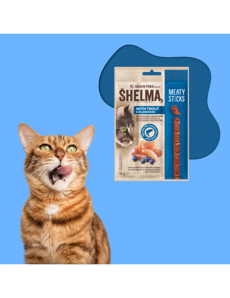 12x Smaczki dla kota  z pstrągiem i borówką Shelma 15g 8595606407268 6