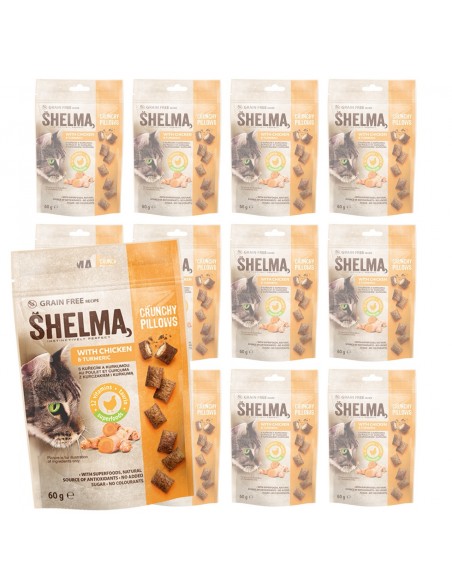 12x Chrupiące poduszeczki z kurczakiem i kurkumą dla kota Shelma 60g 8595606407671