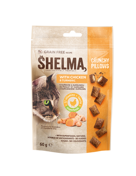 12x Chrupiące poduszeczki z kurczakiem i kurkumą dla kota Shelma 60g 8595606407671 2