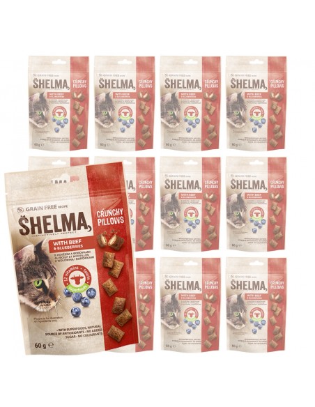 12x Chrupiące poduszeczki z wołowiną i borówkami dla kota Shelma 60g 8595606407688