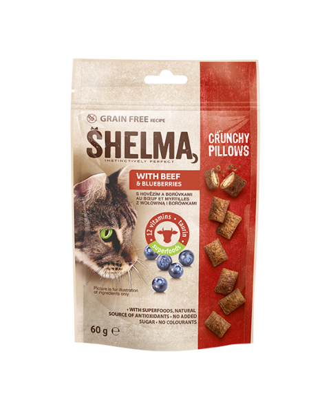 12x Chrupiące poduszeczki z wołowiną i borówkami dla kota Shelma 60g 8595606407688 2