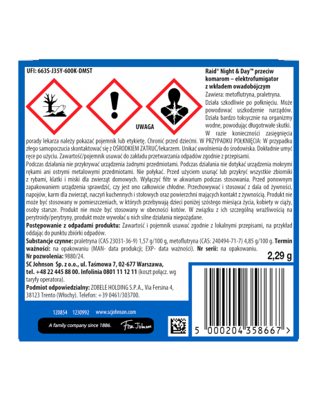 Elektrofumigator owadobójczy z wymiennym wkładem Raid Night & Day - Elektrofumigatory owadobójcze Elektrofumigator owadobójczy z wymiennym wkładem Raid Night & Day 5000204358667 2