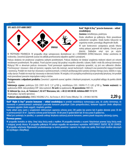 Wymienny wkład do elektrofumigatora owadobójczego Raid Night & Day 5000204358575 2