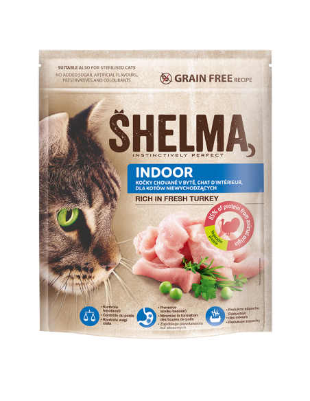 Bezzbożowa sucha karma dla kotów niewychodzących z indykiem Shelma 750 g 8595606407053