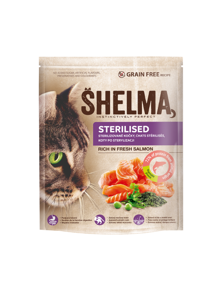 Bezzbożowa sucha karma dla kotów sterylizowanych z łososiem Shelma 1,4 kg 8595606407039