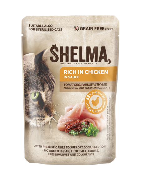Bezzbożowa mokra karma dla kotów dorosłych z kurczakiem w sosie Shelma 85 g 8595606406704
