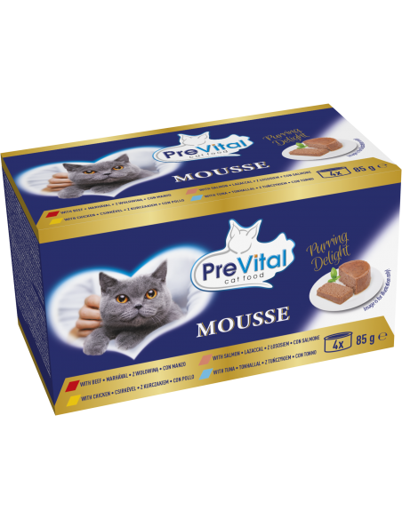 Mus dla dorosłych kotów, mix 4 smaków PreVital mini puszka 4x 85 g 5999566112096