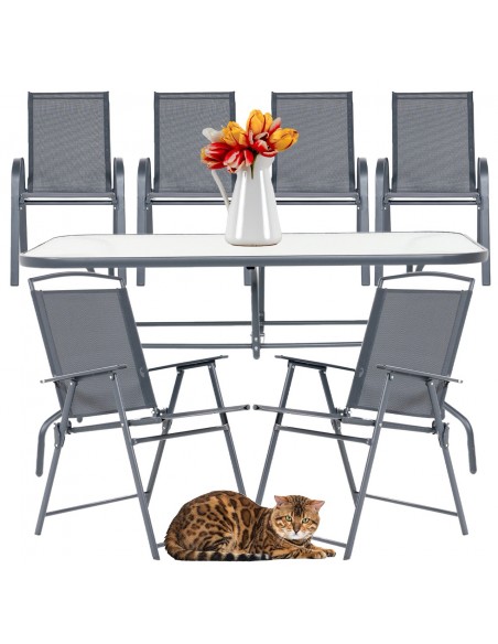 Wygodny zestaw mebli ogrodowych - stół obiadowy szklany + 2x krzesło składane + 4x krzesło 5905842532496