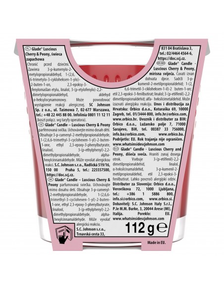 Owocowo-kwiatowa świeca zapachowa Glade Luscious Cherry & Peony 112 g 5000204356861 2