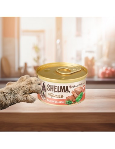 Bogaty w łososia ze szpinakiem i rozmarynem mus dla dorosłych kotów Shelma 85g 8595606410619 2