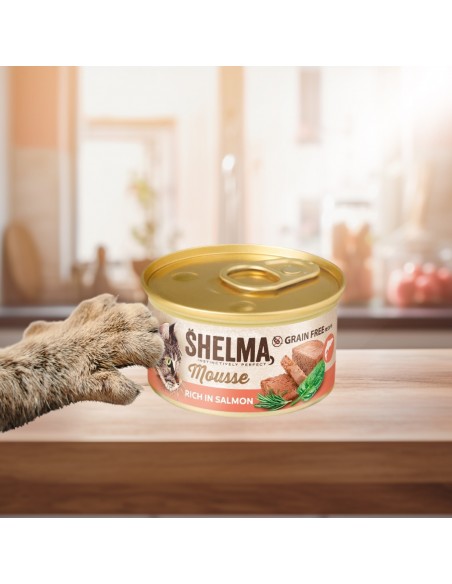 Bogaty w łososia ze szpinakiem i rozmarynem mus dla dorosłych kotów Shelma 85g 8595606410619 2