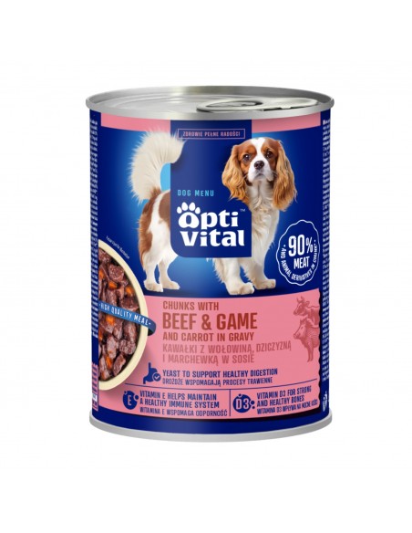 Mokra karma dla psa, soczyste kawałki z wołowiną oraz dziczyzną i marchewką w sosie OptiVital 415 g 5907467782515