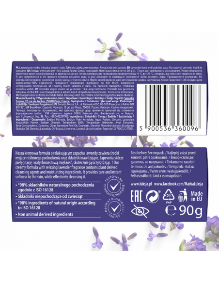 Lawendowe mydło w kostce do rąk i ciała Luksja Aroma Senses Deeply Relaxing 90 g 5900536360096 6