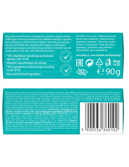 Cytrusowe mydło w kostce do rąk i ciała Luksja Aroma Senses Purely Energizing 90 g 5900536360102 2