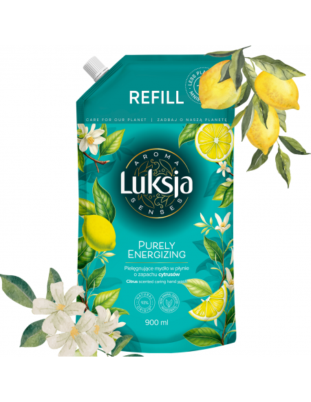 Pielęgnujące mydło w płynie o zapachu cytrusów, zapas Luksja Aroma Senses Purely Energizing 900 ml 5900536360676