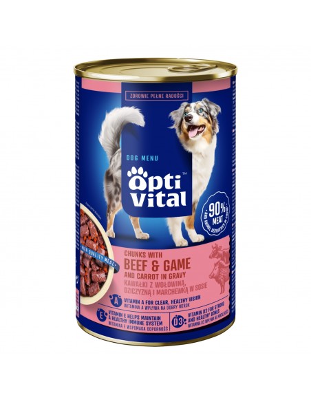 Soczyste kawałki dla dorosłych psów z wołowiną oraz dziczyzną i marchewką w sosie OptiVital 1250g 5907467782522