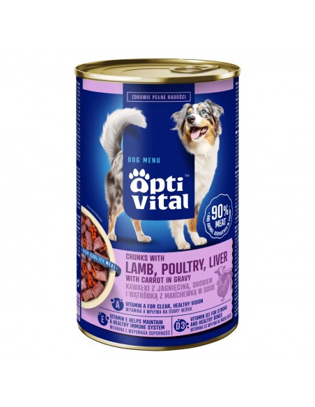 Soczyste kawałki dla dorosłych psów z jagnięciną, wątróbką i marchewką sosie OptiVital 1250g 5907467782539