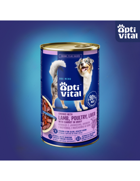 Soczyste kawałki dla dorosłych psów z jagnięciną, wątróbką i marchewką sosie OptiVital 1250g 5907467782539 2