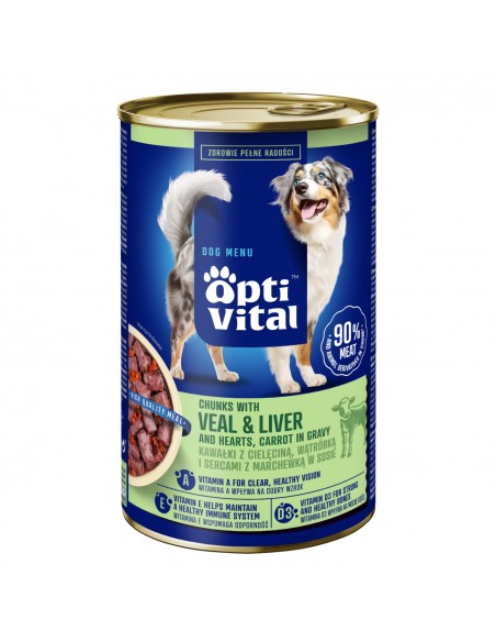Soczyste kawałki dla dorosłych psów z cielęciną, sercami, wątróbką i marchewką w sosie OptiVital 1250g 5907467782546