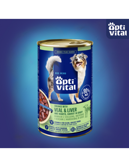 Soczyste kawałki dla dorosłych psów z cielęciną, sercami, wątróbką i marchewką w sosie OptiVital 1250g 5907467782546 2