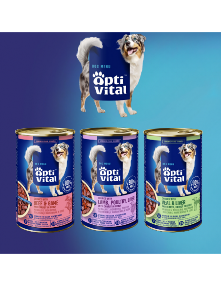 Soczyste kawałki dla dorosłych psów z cielęciną, sercami, wątróbką i marchewką w sosie OptiVital 1250g 5907467782546 3