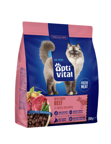 Sucha karma dla dorosłych kotów ze świeżą wołowiną OptiVital 300 g 5906764001732
