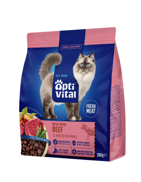 Sucha karma dla dorosłych kotów ze świeżą wołowiną OptiVital 300 g 5906764001732 2
