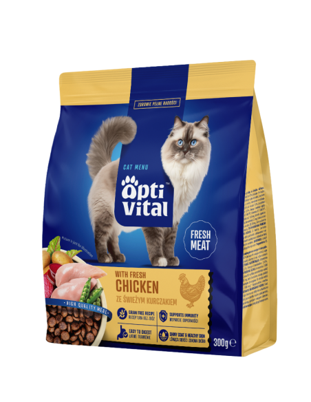 Sucha karma dla dorosłych kotów ze świeżym kurczakiem OptiVital 300 g 5906764001756 2