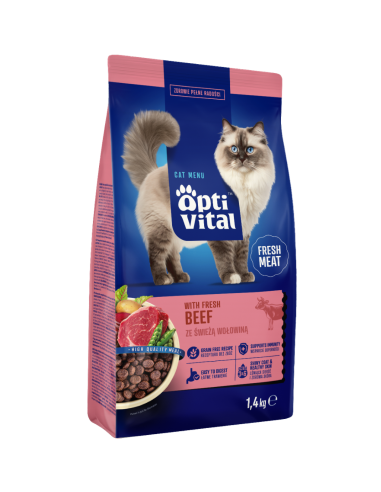 Sucha karma dla dorosłych kotów ze świeżą wołowiną OptiVital 1,4 kg 5906764001770