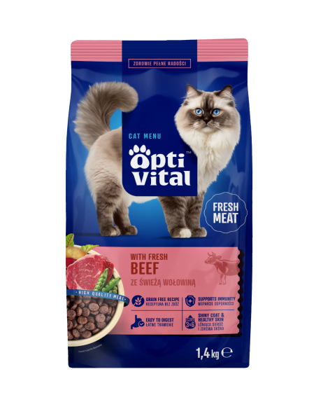 Sucha karma dla dorosłych kotów ze świeżą wołowiną OptiVital 1,4 kg 5906764001770 3