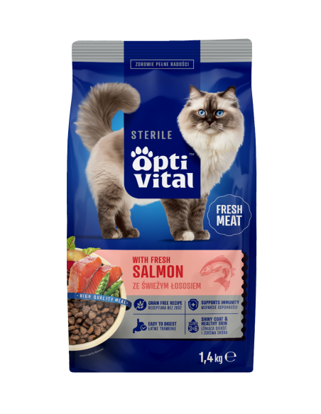 Sucha karma dla kotów po sterylizacji ze świeżym łososiem OptiVital 1,4 kg 5906764001817 3