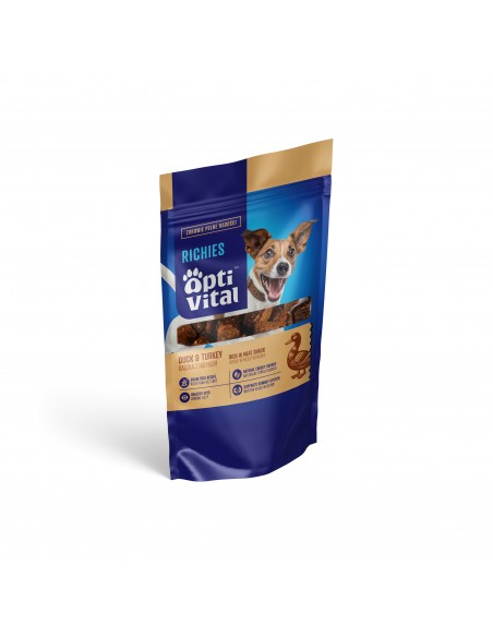 Przysmaki dla psa z kaczką i indykiem z dodatkiem żurawiny i marchwi OptiVital Richies 80 g 5907467782126 2