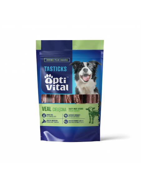 Kabanosy dla psa z cielęciną z dodatkiem rokitnika i dyni OptiVital Tasticks 80 g 5907467782140