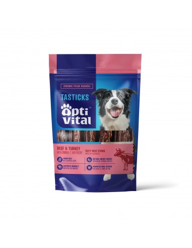 Kabanosy dla psa z wołowiną i indykiem z dodatkiem spiruliny i szałwii OptiVital Tasticks 80 mg 5907467782188