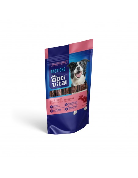 Kabanosy dla psa z wołowiną i indykiem z dodatkiem spiruliny i szałwii OptiVital Tasticks 80 mg 5907467782188 2