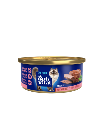 Puszysty mus dla dorosłych kotów z wołowiną OptiVital mini puszka 85 g 5906764002067