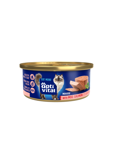 Puszysty mus dla dorosłych kotów z łososiem MSC OptiVital mini puszka 85 g 5906764002159