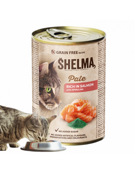 Bezzbożowy pasztet dla kota z łososiem i spiruliną Shelma 400 g 5906764001671