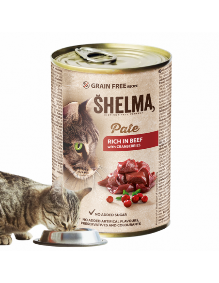 Bezzbożowy pasztet dla kota z wołowiną i żurawiną Shelma 400 g 5906764001695