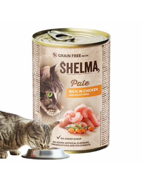 Bezzbożowy pasztet dla kota z kurczakiem i rokitnikiem Shelma 400 g 5906764001718