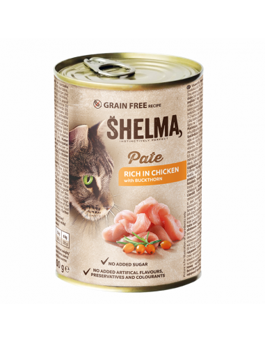Bezzbożowy pasztet dla kota z kurczakiem i rokitnikiem Shelma 400 g 5906764001718 2