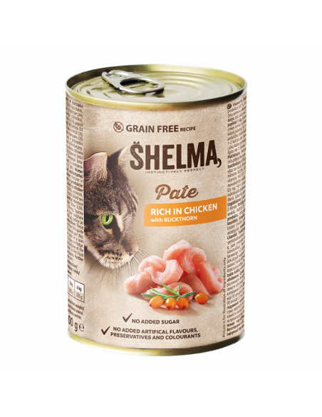 Bezzbożowy pasztet dla kota z kurczakiem i rokitnikiem Shelma 400 g 5906764001718 2