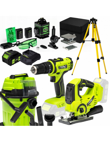 Zestaw NAC SMART Poziomica laserowa + Wkrętarka + Wyrzynarka + Odkurzacz + Bateria + Ładowarka 5905842532014