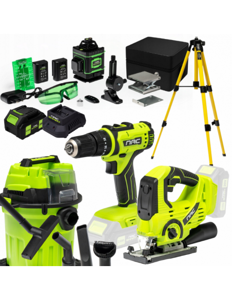 Zestaw NAC SMART Poziomica laserowa + Wkrętarka + Wyrzynarka + Odkurzacz + Bateria + Ładowarka 5905842532014