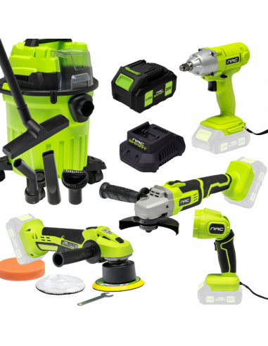 Zestaw NAC SMART: Klucz udarowy + Szlifierka + Polerka + Latarka + Odkurzacz + Aku + Ładowarka 5905842532120