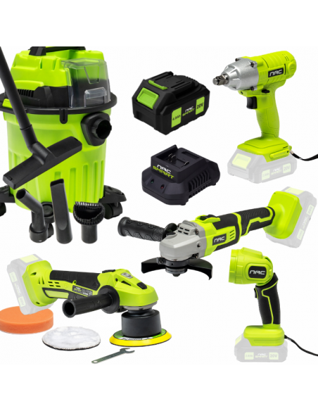 Zestaw NAC SMART: Klucz udarowy + Szlifierka + Polerka + Latarka + Odkurzacz + Aku + Ładowarka 5905842532120