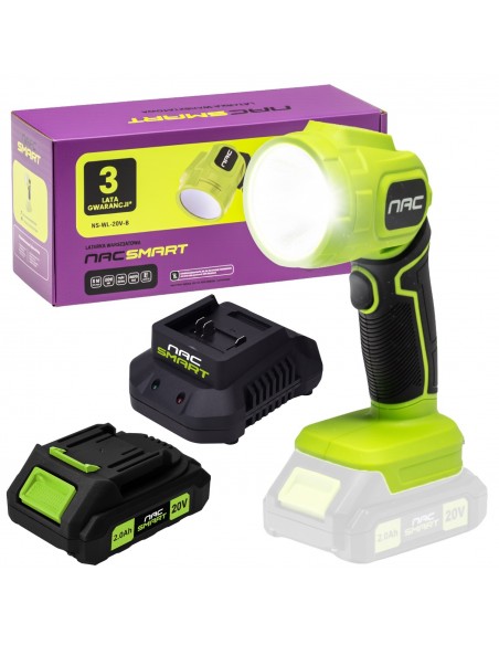 Latarka warsztatowa z ruchomą głowicą NS-WL-20V-B NAC SMART z akumulatorem 2 Ah i szybką ładowarką 5905842532168