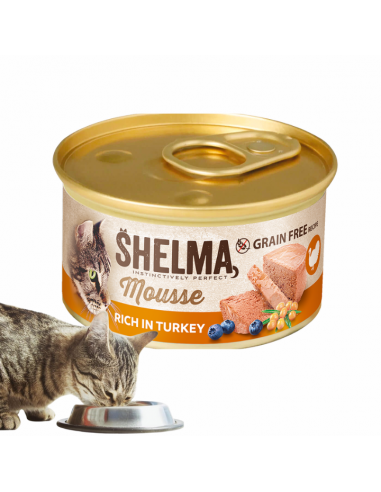 Mus dla dorosłych kotów bogaty w indyka z jagodą i rokitnikiem Shelma 85 g 8595606410572